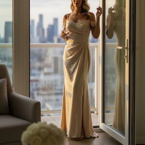 Light Gold Elegant Off-Shoulder Evening Gown – Size 16 – NWT